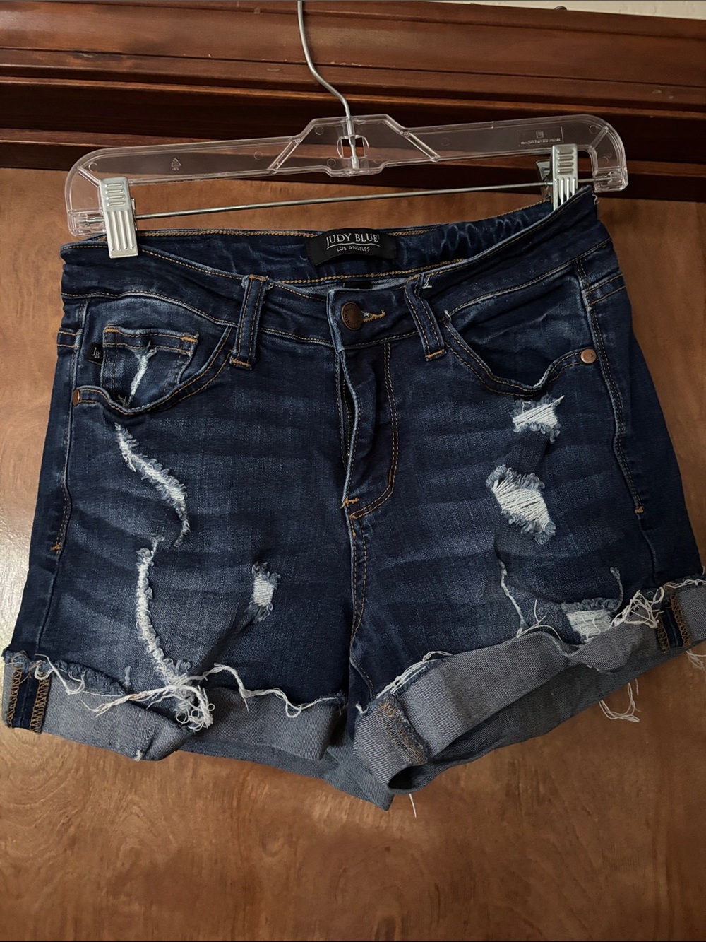 Judy Blue Distressed Dark Blue Denim Roll-Hem Shorts